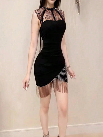 Solid Color Lace Splice Neck With Tassel Fashion Elegant Sexy Party Dress Solid Color Lace Splice Neck With Tassel Fashion Elegant Sexy Party Dress