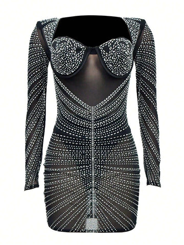 Solid Color Mesh Rhinestone Decor Long Sleeve Mini Dress Solid Color Mesh Rhinestone Decor Long Sleeve Mini Dress