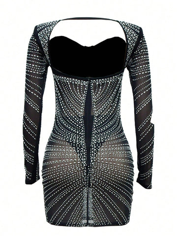 Solid Color Mesh Rhinestone Decor Long Sleeve Mini Dress Solid Color Mesh Rhinestone Decor Long Sleeve Mini Dress