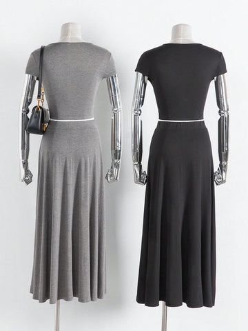 Solid Color Round Neck Short Sleeve T-Shirt & Skirt Set Solid Color Round Neck Short Sleeve T-Shirt & Skirt Set