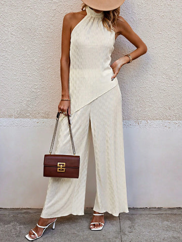 Solid Color Sleeveless Top With Textured Asymmetrical Hem And Wide Leg Pants Set Solid Color Sleeveless Top With Textured Asymmetrical Hem And Wide Leg Pants Set