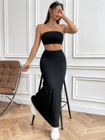 Solid Color Strapless Top And Mermaid Skirt Set Solid Color Strapless Top And Mermaid Skirt Set