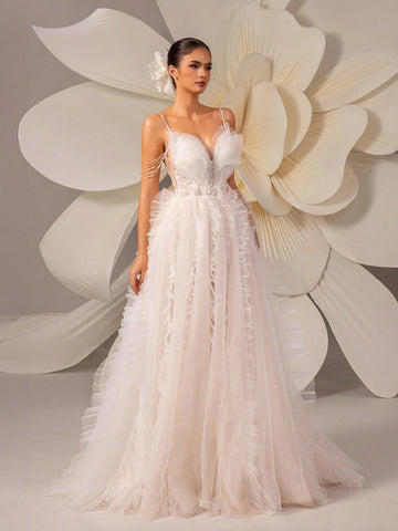 Spaghetti Strap Bridal Gown With Sequins And Train, Party Wedding Event Dress Spaghetti Strap Bridal Gown With Sequins And Train, Party Wedding Event Dress