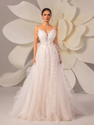 Spaghetti Strap Bridal Gown With Sequins And Train, Party Wedding Event Dress Spaghetti Strap Bridal Gown With Sequins And Train, Party Wedding Event Dress