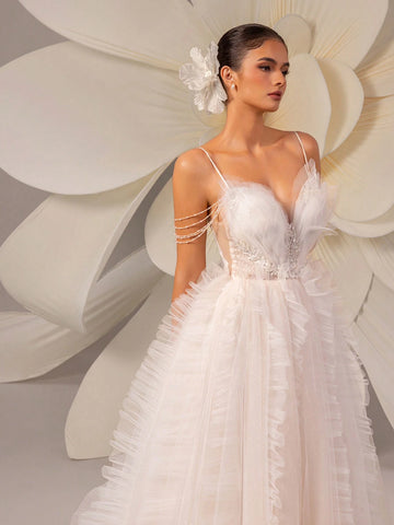 Spaghetti Strap Bridal Gown With Sequins And Train, Party Wedding Event Dress Spaghetti Strap Bridal Gown With Sequins And Train, Party Wedding Event Dress