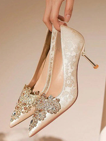 Crystal Fashion Slip-On High Heel Pumps, Elegant Champagne Color Crystal Fashion Slip-On High Heel Pumps, Elegant Champagne Color