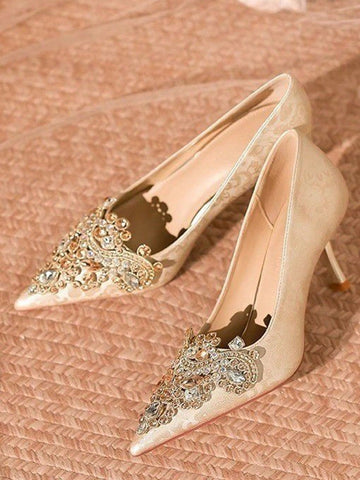 Crystal Fashion Slip-On High Heel Pumps, Elegant Champagne Color Crystal Fashion Slip-On High Heel Pumps, Elegant Champagne Color