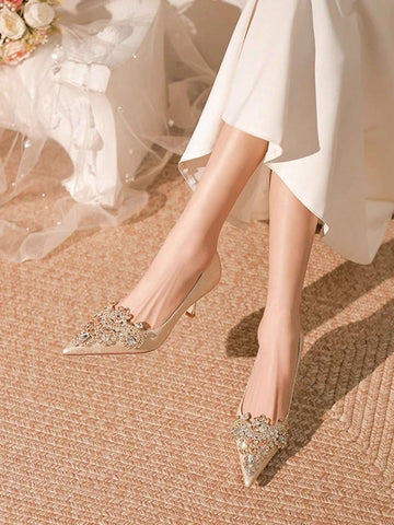 Crystal Fashion Slip-On High Heel Pumps, Elegant Champagne Color Crystal Fashion Slip-On High Heel Pumps, Elegant Champagne Color