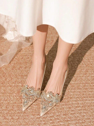 Crystal Fashion Slip-On High Heel Pumps, Elegant Champagne Color Crystal Fashion Slip-On High Heel Pumps, Elegant Champagne Color