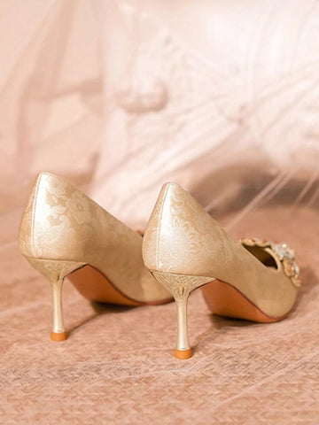 Crystal Fashion Slip-On High Heel Pumps, Elegant Champagne Color Crystal Fashion Slip-On High Heel Pumps, Elegant Champagne Color