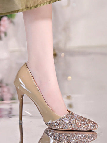Sparkling Rhinestone Colorblock Pointed Toe Slip-On High Heel Pumps, Sparkling Rhinestone Colorblock Pointed Toe Slip-On High Heel Pumps,