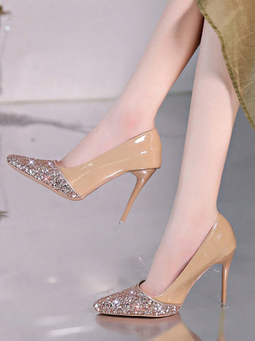 Sparkling Rhinestone Colorblock Pointed Toe Slip-On High Heel Pumps, Sparkling Rhinestone Colorblock Pointed Toe Slip-On High Heel Pumps,