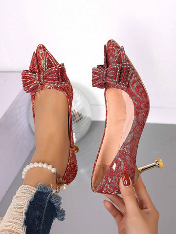 Sparkling Rhinestones Bow Pointy Toe Slim Sexy High Heels Red Women Slip-On Sparkling Rhinestones Bow Pointy Toe Slim Sexy High Heels Red Women Slip-On