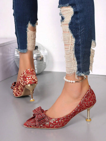 Sparkling Rhinestones Bow Pointy Toe Slim Sexy High Heels Red Women Slip-On Sparkling Rhinestones Bow Pointy Toe Slim Sexy High Heels Red Women Slip-On