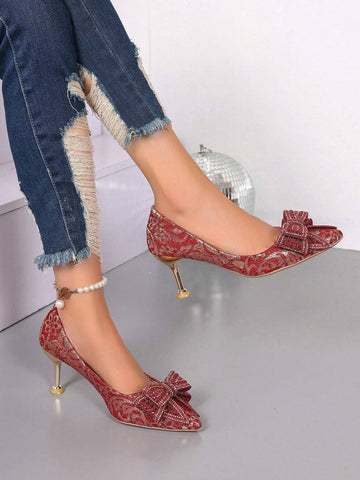 Sparkling Rhinestones Bow Pointy Toe Slim Sexy High Heels Red Women Slip-On Sparkling Rhinestones Bow Pointy Toe Slim Sexy High Heels Red Women Slip-On