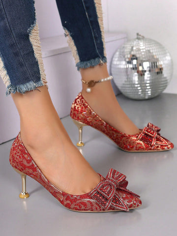 Sparkling Rhinestones Bow Pointy Toe Slim Sexy High Heels Red Women Slip-On Sparkling Rhinestones Bow Pointy Toe Slim Sexy High Heels Red Women Slip-On