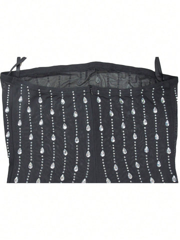 Sparkly Rhinestone Prom Long Dresses Strapless See-Through Mesh Two Piece Evening Party Dress, Elegant Dress Sparkly Rhinestone Prom Long Dresses Strapless See-Through Mesh Two Piece Evening Party Dress, Elegant Dress