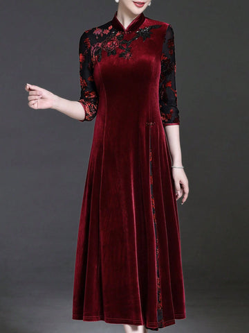 Sparkly Sequins Embroidered Stand Collar Dress, Elegant 3/4 Sleeve A-Line Midi Dress, Slightly Stretchy Fitted, Luxurious Vibe, Wedding, Gala, Social Event, Host Outfit, Cocktail Dress, Suitable For Party And Banquet, Women's Apparel Sparkly Sequins Embroidered Stand Collar Dress, Elegant 3/4 Sleeve A-Line Midi Dress, Slightly Stretchy Fitted, Luxurious Vibe, Wedding, Gala, Social Event, Host Outfit, Cocktail Dress, Suitable For Party And Banquet, Women's Apparel