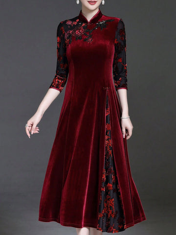 Sparkly Sequins Embroidered Stand Collar Dress, Elegant 3/4 Sleeve A-Line Midi Dress, Slightly Stretchy Fitted, Luxurious Vibe, Wedding, Gala, Social Event, Host Outfit, Cocktail Dress, Suitable For Party And Banquet, Women's Apparel Sparkly Sequins Embroidered Stand Collar Dress, Elegant 3/4 Sleeve A-Line Midi Dress, Slightly Stretchy Fitted, Luxurious Vibe, Wedding, Gala, Social Event, Host Outfit, Cocktail Dress, Suitable For Party And Banquet, Women's Apparel