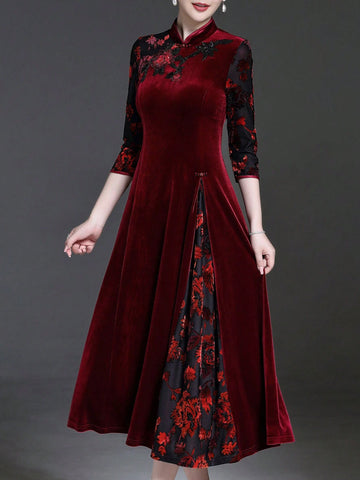 Sparkly Sequins Embroidered Stand Collar Dress, Elegant 3/4 Sleeve A-Line Midi Dress, Slightly Stretchy Fitted, Luxurious Vibe, Wedding, Gala, Social Event, Host Outfit, Cocktail Dress, Suitable For Party And Banquet, Women's Apparel Sparkly Sequins Embroidered Stand Collar Dress, Elegant 3/4 Sleeve A-Line Midi Dress, Slightly Stretchy Fitted, Luxurious Vibe, Wedding, Gala, Social Event, Host Outfit, Cocktail Dress, Suitable For Party And Banquet, Women's Apparel