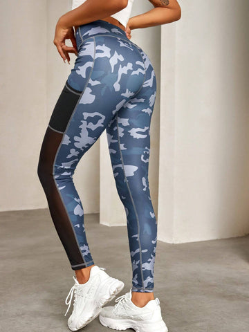 Sporty High Waist Wide Waistband Camo Print Mesh Insert Phone Pocket Side Stretchy Skinny Leggings Sporty High Waist Wide Waistband Camo Print Mesh Insert Phone Pocket Side Stretchy Skinny Leggings