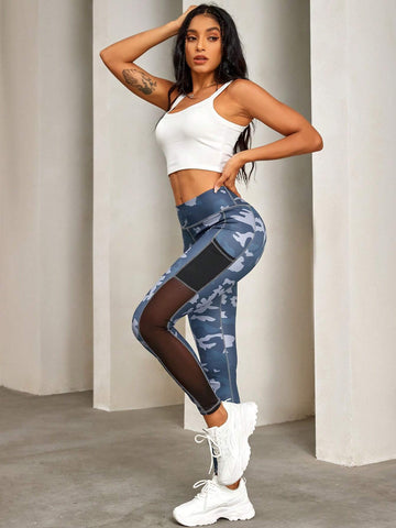 Sporty High Waist Wide Waistband Camo Print Mesh Insert Phone Pocket Side Stretchy Skinny Leggings Sporty High Waist Wide Waistband Camo Print Mesh Insert Phone Pocket Side Stretchy Skinny Leggings