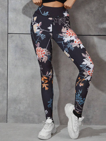 Sporty High Waist Wide Waistband Slim Fit Floral Print Tummy Control Running Yoga Stretchy Leggings Sporty High Waist Wide Waistband Slim Fit Floral Print Tummy Control Running Yoga Stretchy Leggings