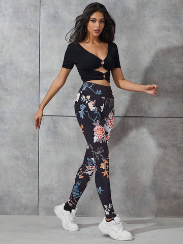 Sporty High Waist Wide Waistband Slim Fit Floral Print Tummy Control Running Yoga Stretchy Leggings Sporty High Waist Wide Waistband Slim Fit Floral Print Tummy Control Running Yoga Stretchy Leggings