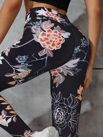 Sporty High Waist Wide Waistband Slim Fit Floral Print Tummy Control Running Yoga Stretchy Leggings Sporty High Waist Wide Waistband Slim Fit Floral Print Tummy Control Running Yoga Stretchy Leggings
