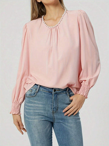 Spring/Autumn Pink Elegant Fashionable Round Neck Pullover Long Sleeve Shirt Spring/Autumn Pink Elegant Fashionable Round Neck Pullover Long Sleeve Shirt