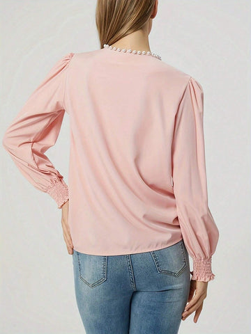 Spring/Autumn Pink Elegant Fashionable Round Neck Pullover Long Sleeve Shirt Spring/Autumn Pink Elegant Fashionable Round Neck Pullover Long Sleeve Shirt