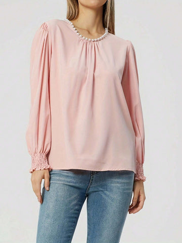 Spring/Autumn Pink Elegant Fashionable Round Neck Pullover Long Sleeve Shirt Spring/Autumn Pink Elegant Fashionable Round Neck Pullover Long Sleeve Shirt