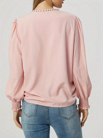 Spring/Autumn Pink Elegant Fashionable Round Neck Pullover Long Sleeve Shirt Spring/Autumn Pink Elegant Fashionable Round Neck Pullover Long Sleeve Shirt