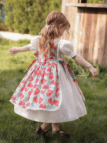 Spring/Summer New Young Girls Floral 2 In 1 Puff Sleeve Dress Spring/Summer New Young Girls Floral 2 In 1 Puff Sleeve Dress