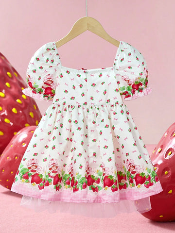 Young Girl Cartoon Strawberry Print Floral Sweet White Short Sleeve Dress Young Girl Cartoon Strawberry Print Floral Sweet White Short Sleeve Dress