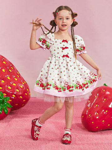 Young Girl Cartoon Strawberry Print Floral Sweet White Short Sleeve Dress Young Girl Cartoon Strawberry Print Floral Sweet White Short Sleeve Dress