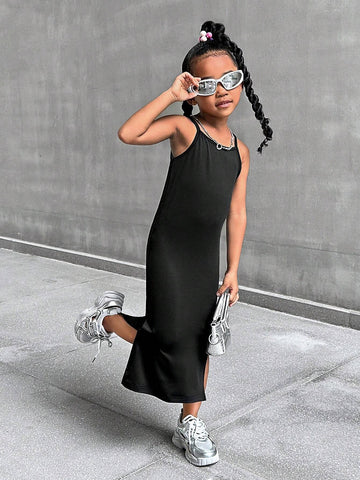 Streecool Kids Young Girl Black Camisole Split Hem Fitted Waist Summer Dress, Stylish & Chic Streecool Kids Young Girl Black Camisole Split Hem Fitted Waist Summer Dress, Stylish & Chic