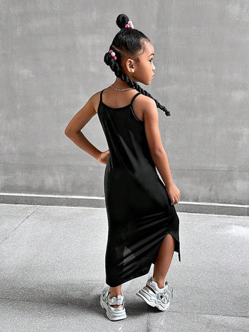 Streecool Kids Young Girl Black Camisole Split Hem Fitted Waist Summer Dress, Stylish & Chic Streecool Kids Young Girl Black Camisole Split Hem Fitted Waist Summer Dress, Stylish & Chic
