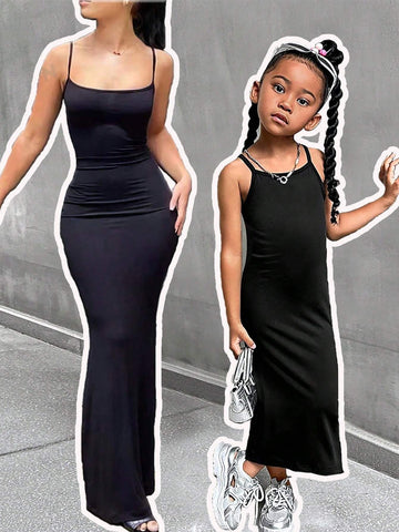 Streecool Kids Young Girl Black Camisole Split Hem Fitted Waist Summer Dress, Stylish & Chic Streecool Kids Young Girl Black Camisole Split Hem Fitted Waist Summer Dress, Stylish & Chic
