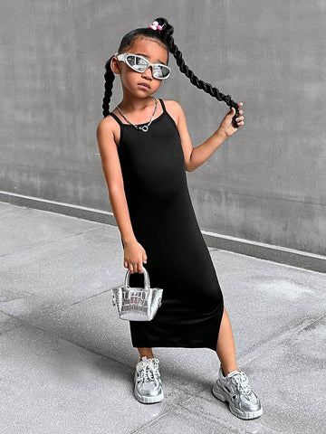 Streecool Kids Young Girl Black Camisole Split Hem Fitted Waist Summer Dress, Stylish & Chic Streecool Kids Young Girl Black Camisole Split Hem Fitted Waist Summer Dress, Stylish & Chic