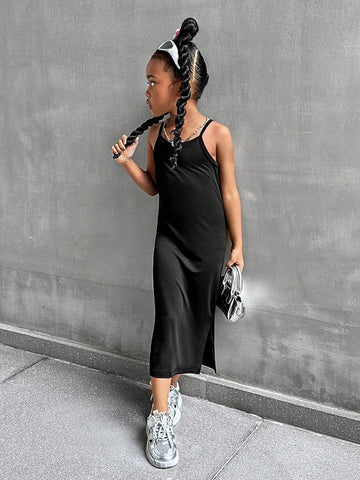 Streecool Kids Young Girl Black Camisole Split Hem Fitted Waist Summer Dress, Stylish & Chic Streecool Kids Young Girl Black Camisole Split Hem Fitted Waist Summer Dress, Stylish & Chic