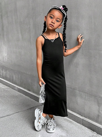 Streecool Kids Young Girl Black Camisole Split Hem Fitted Waist Summer Dress, Stylish & Chic Streecool Kids Young Girl Black Camisole Split Hem Fitted Waist Summer Dress, Stylish & Chic