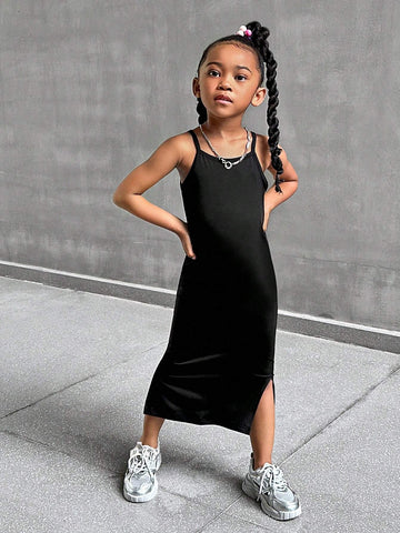 Streecool Kids Young Girl Black Camisole Split Hem Fitted Waist Summer Dress, Stylish & Chic Streecool Kids Young Girl Black Camisole Split Hem Fitted Waist Summer Dress, Stylish & Chic