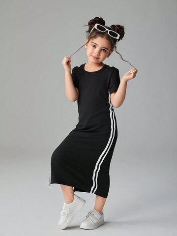 Streecool Kids Young Girl Round Neck Short Sleeve Side Stripe Maxi Casual Dress Streecool Kids Young Girl Round Neck Short Sleeve Side Stripe Maxi Casual Dress