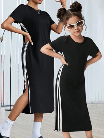 Streecool Kids Young Girl Round Neck Short Sleeve Side Stripe Maxi Casual Dress Streecool Kids Young Girl Round Neck Short Sleeve Side Stripe Maxi Casual Dress