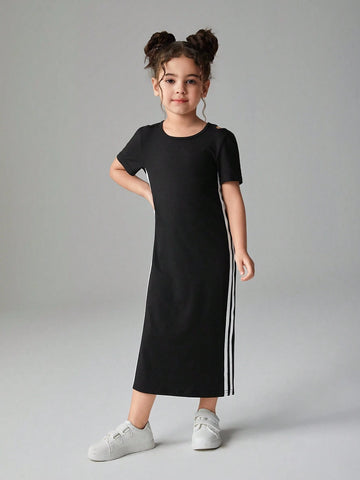 Streecool Kids Young Girl Round Neck Short Sleeve Side Stripe Maxi Casual Dress Streecool Kids Young Girl Round Neck Short Sleeve Side Stripe Maxi Casual Dress