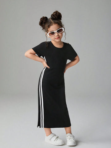 Streecool Kids Young Girl Round Neck Short Sleeve Side Stripe Maxi Casual Dress Streecool Kids Young Girl Round Neck Short Sleeve Side Stripe Maxi Casual Dress
