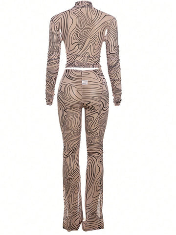 Street-Fashion Personality Line Print Mesh Turtleneck Long Sleeve & Flare Pants Set Street-Fashion Personality Line Print Mesh Turtleneck Long Sleeve & Flare Pants Set