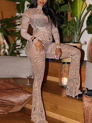 Street-Fashion Personality Line Print Mesh Turtleneck Long Sleeve & Flare Pants Set Street-Fashion Personality Line Print Mesh Turtleneck Long Sleeve & Flare Pants Set