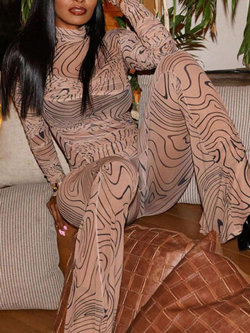 Street-Fashion Personality Line Print Mesh Turtleneck Long Sleeve & Flare Pants Set Street-Fashion Personality Line Print Mesh Turtleneck Long Sleeve & Flare Pants Set